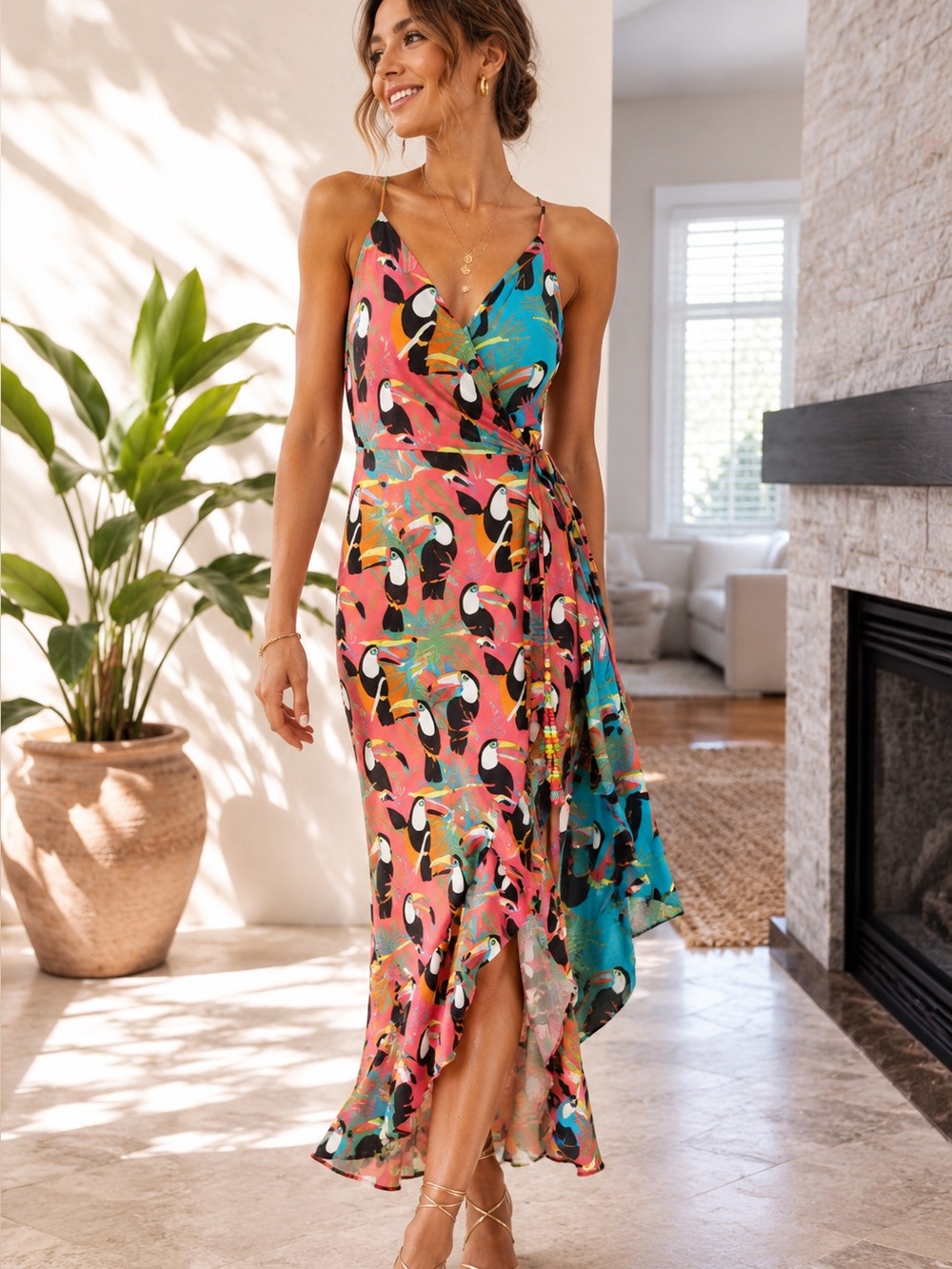 FARM Rio x Anthropologie Toucan Tropical Wrap Midi Resort Dress S
